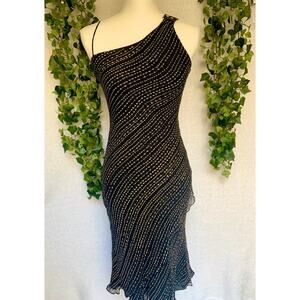 Poleci Dress Vintage Black & Gold 100% Silk & Leather Strap Midi Dress 8 Medium